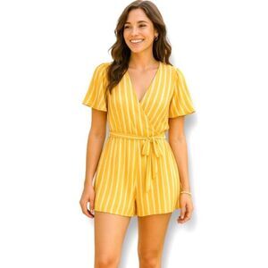 Altar’d State S Yellow‎ White Striped Romper Tie Waist Open Back Boho Summer Chi